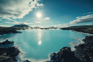 Azure geothermal pool nestled in volcanic landscape, vibrant blue water reflecting sunlight