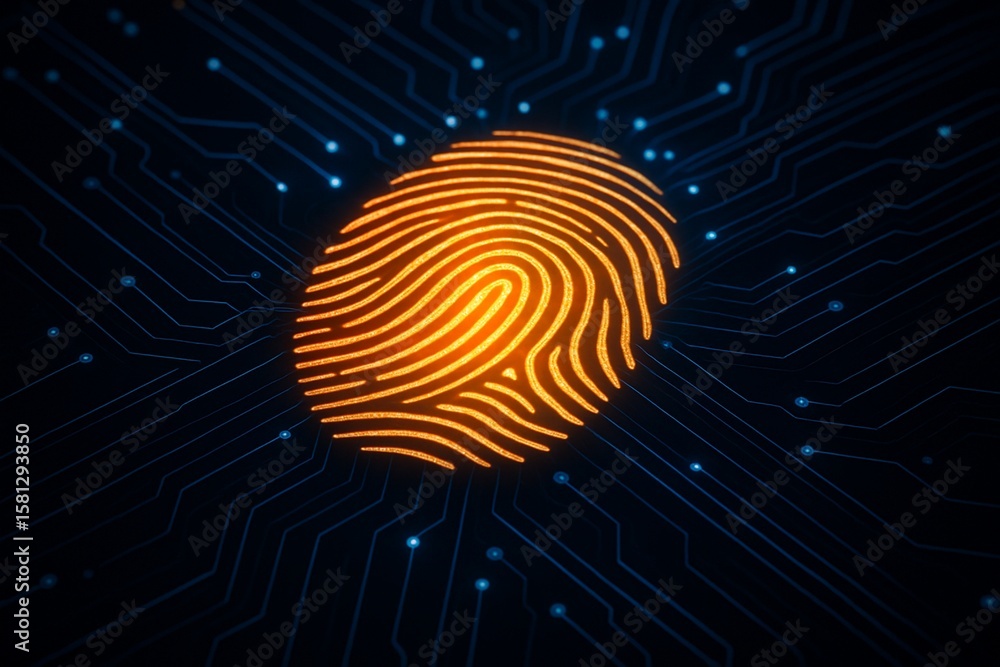 Aufkleber abstract glowing circuit board with central fingerprint design, technological background image