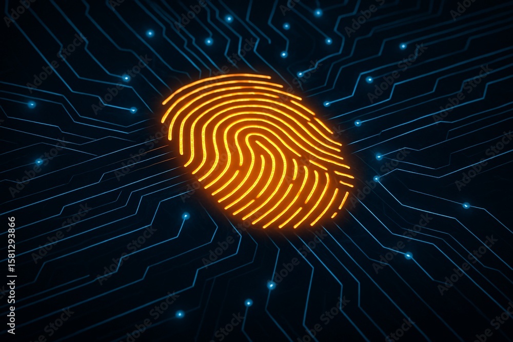 Poster abstract glowing circuit board with central fingerprint design, technological background image