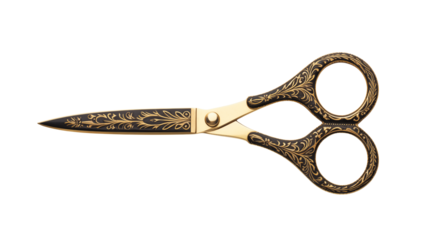 Ornate golden scissors with detailed engravings rest against a stark black backdrop  element isolated on transparent background.