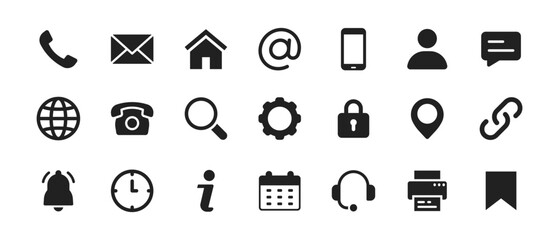 Contact icon set. Phone, home, email, fax, support, search, info, setting,  chat, calendar, web, link, globe. Contact symbols.