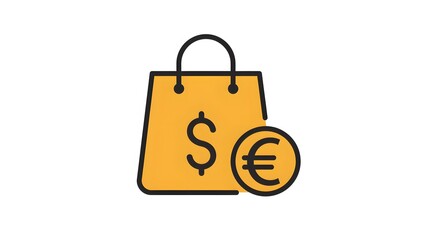 A yellow shopping bag with dollar and euro symbols indicating international currency and retail trade