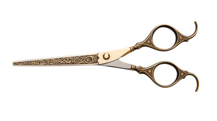 Golden scissors showcase intricate floral details against a black background  element isolated on transparent background.