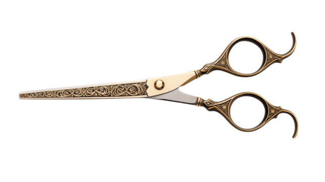 Golden scissors showcase intricate floral details against a black background  element isolated on transparent background.