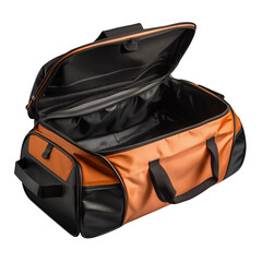 An open orange and black duffel bag is set against a clean black backdrop. element isolated on transparent background.