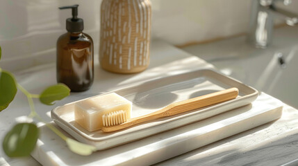 Minimalist bathroom scene with a bamboo toothbrush and natural soap on ceramic trays, bathed in soft morning light. A clean and eco-friendly start to the day