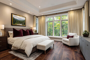 Fototapeta premium Luxurious Master Bedroom with King Size Bed Cream Bedding Burgundy Pillows Dark Walnut Hardwood Floors Large Window Natural Light Landscape