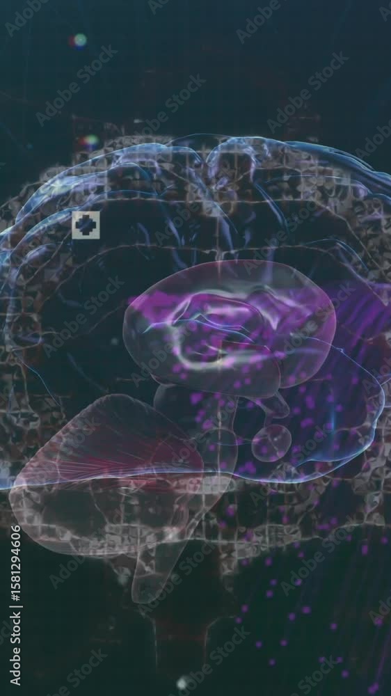 Poster animation of viewfinders, human brain and dynamic wave pattern over abstract background