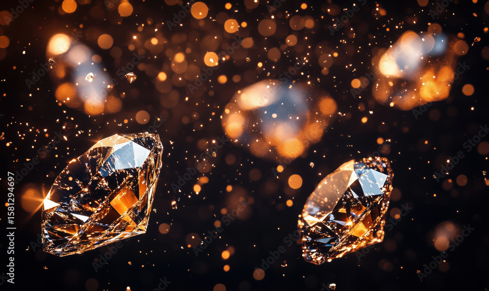 Poster sparkling diamonds floating in a magical bokeh background with golden lights.