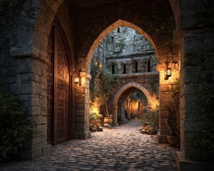 Fototapeta premium A dimly lit stone pathway winds through a medieval-style alleyway, leading to a large, ornate wooden door.