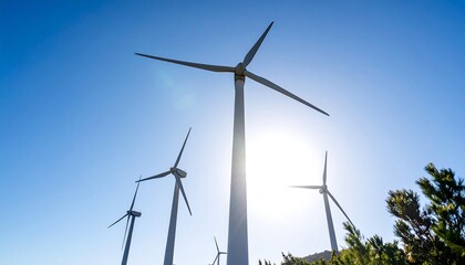 Wind turbines against a clear blue sky