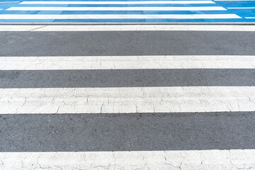 Paved Pedestrian Crossing, Grey White Crosswalk, Safety Zebra on Modern Tiles Pathway