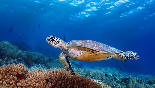 sea turtle swims coral reef ocean background wildlife nature