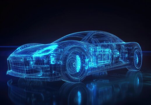 A futuristic, glowing wireframe car