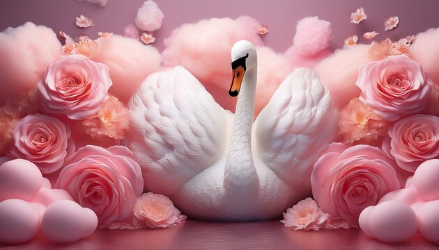 roses and pink foamy clouds surrounded by a white swan