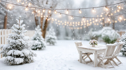 Cozy winter garden party setup with rustic wooden table and chairs covered in snow, surrounded by fir trees and string lights&mdash;perfect for holiday invitations, seasonal ads, or festive backgrounds.