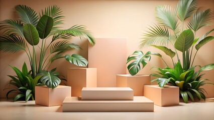 Fototapeta premium A modern podium surrounded by tropical plants provides an elegant stage for product display and presentation