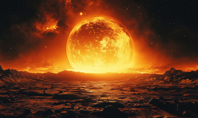 Stunning cosmic landscape featuring a massive sun setting over alien terrain.