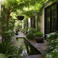Serene courtyard garden with lush greenery, a reflecting pool, and hanging lantern.