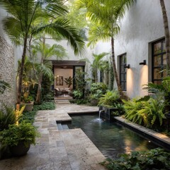 Serene courtyard oasis with lush greenery, stone path, and reflecting pool. Tranquil and inviting.
