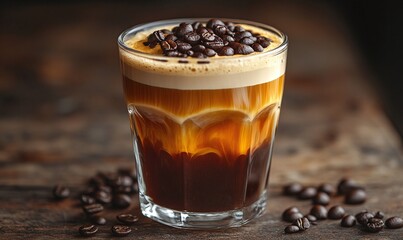 Fototapeta premium Layered Coffee Drink with Roasted Coffee Beans on Wooden Table
