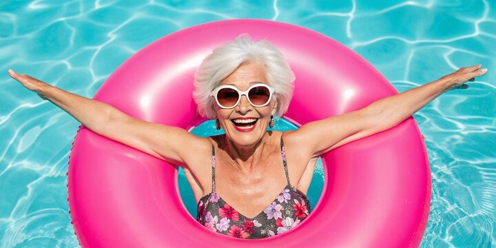 Joyful senior woman floats in a bright blue pool with a pink inflatable ring, enjoying a relaxing summer day with open arms. - Powered by Adobe