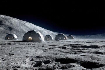 Futuristic lunar habitat: geodesic domes on the moon's surface under a starry night.