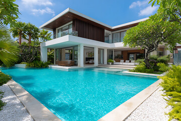 Luxurious Modern White Villa with Turquoise Infinity Pool and Lush Tropical Landscaping under a Sunny Sky
