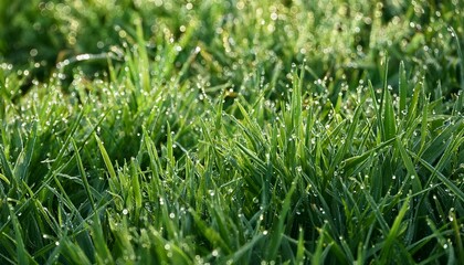 fresh green grass with morning dew captured from above in natural light revealing vibrant textures