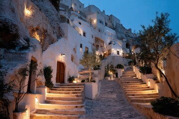 Whitewashed cave dwellings illuminated at twilight.  A charming, hilly village scene.