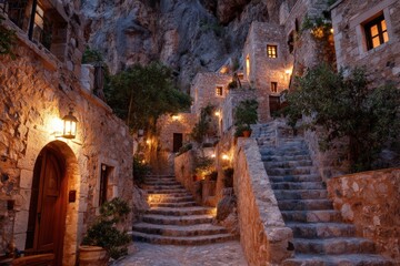Stone village steps glowing at dusk.
