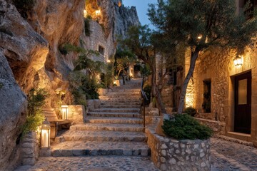 Stone steps wind through a charming village at twilight, the warm glow of lanterns illuminating the path.