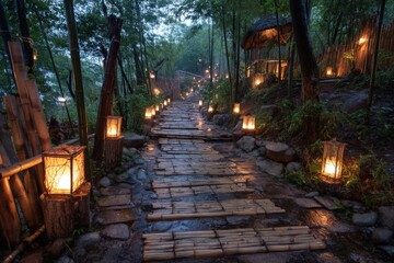 Serene bamboo pathway lit by warm lanterns at dusk.