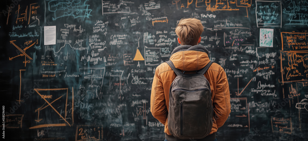 Poster student analyzing complex mathematical equations on chalkboard in classroom setting.
