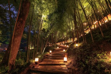 A stone pathway lit by lanterns winds through a bamboo forest at night. Warm, inviting light illuminates the scene.