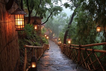 Romantic walkway at dusk, illuminated by warm lanterns. Tranquil and inviting.