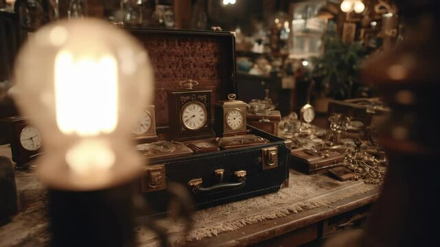 Clocks in antique suitcase on a table in a vintage shop interior