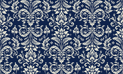 Damask seamless pattern,Ikat floral seamless pattern on blue background,vector illustration,Ikat ethnic oriental embroidery,Aztec style,baroque.design for texture,fab,clothing,decoration,fashion,tile