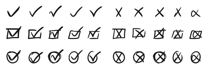 Hand Drawn Tick and Cross Icon Set with Check Mark, Checkbox, Circle, and X Symbols in Sketch Doodle Style on Transparent Background for UI and Form Review