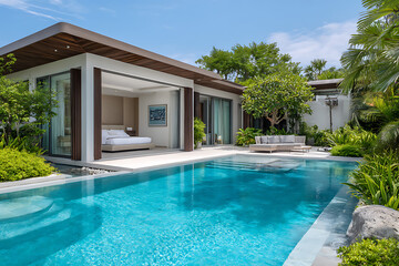 Luxurious Tropical Villa with Turquoise Infinity Pool Modern Architecture White Beige and Brown Tones Outdoor Patio and Lush Greenery