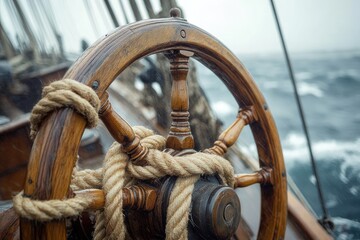 Close-up of a weathered wooden ship's wheel, ropes, and choppy sea