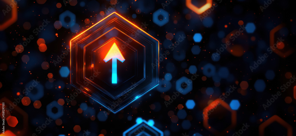 Poster futuristic glowing arrow symbol in hexagonal frame with vibrant blue and orange colors.