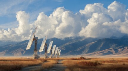 Solar power plants in a vast, mountainous landscape.  A stunning display of renewable energy.