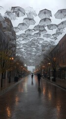 Rainy day stroll under a canopy of umbrellas.