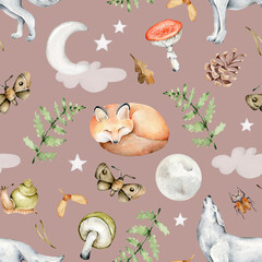 Watercolor seamless pattern with wolf,fox,snail,moon,clouds,star,mushrooms,leaves.Wildlife.Good night.Woodland.Fairy childish print.Kids fabric design.Hand drawn forest pattern on dark background