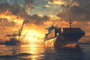 Cargo ship at sunset, cranes in harbor