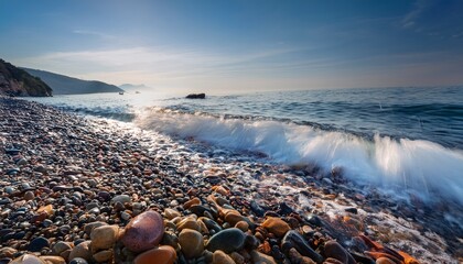 a gentle tide rolling in over smooth colorful pebbles on a rocky shore