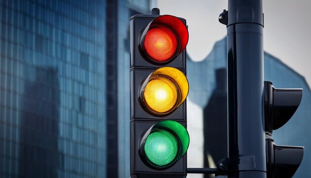 traffic light with green yellow and red lights illuminated