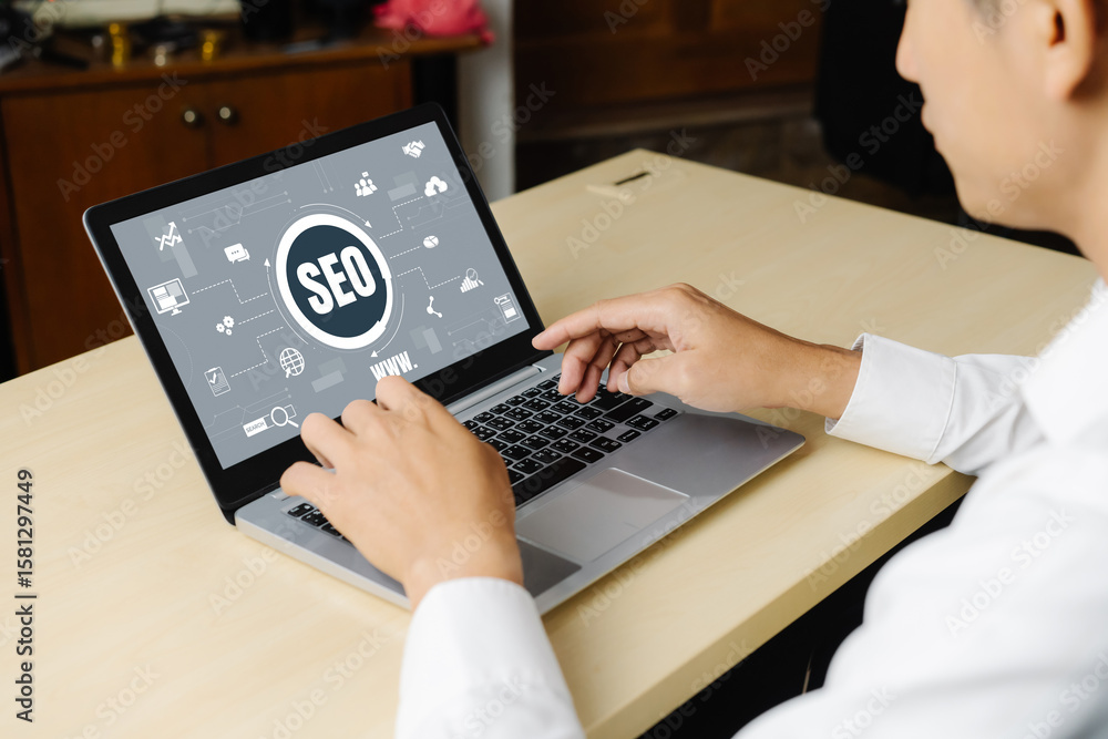 Poster seo search engine optimization for modish e-commerce and online retail business showing on computer 