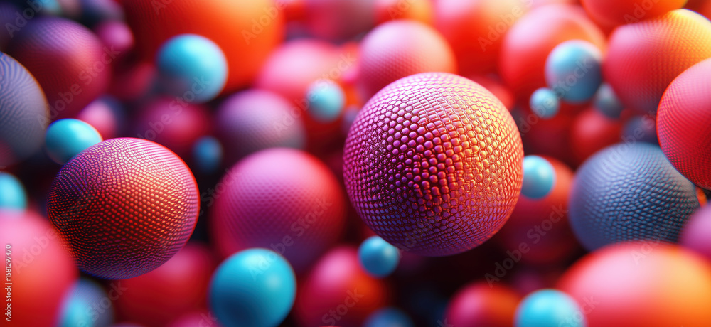 Poster colorful abstract spheres representing molecular structures and particles in 3d space.
